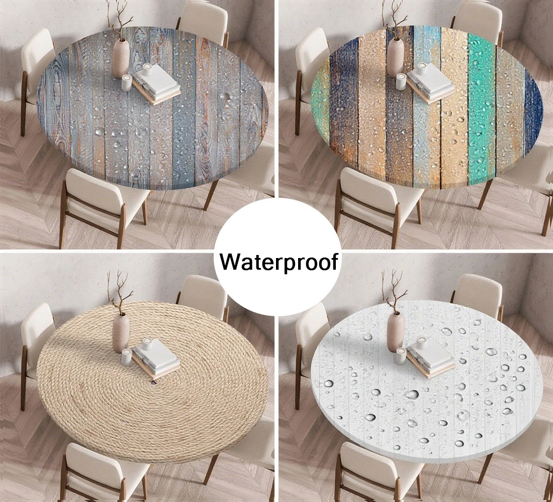 Round Marble Table Cover Wood Texture Printed Tablecloth Waterproof and Elastic Table Cover Kitchen Supplies and Home Decor테이블소품