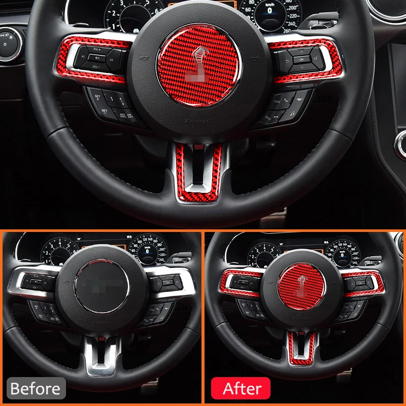 Carbon Fiber Car Steering Wheel Emblem Buttons Panel Kits Interior Decoration Sticker For Ford Mustang 2015-2021 Accessories