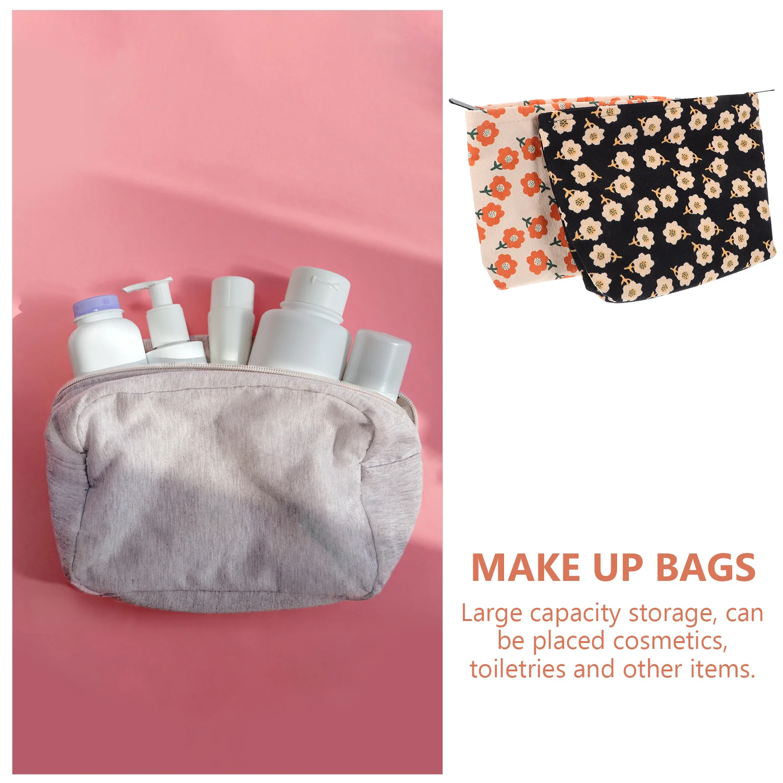 

2Pcs Corduroy Makeup Bags Large Capacity Travel Pouch Printed Handheld Organizer for Women Makeup Bag with Zipper