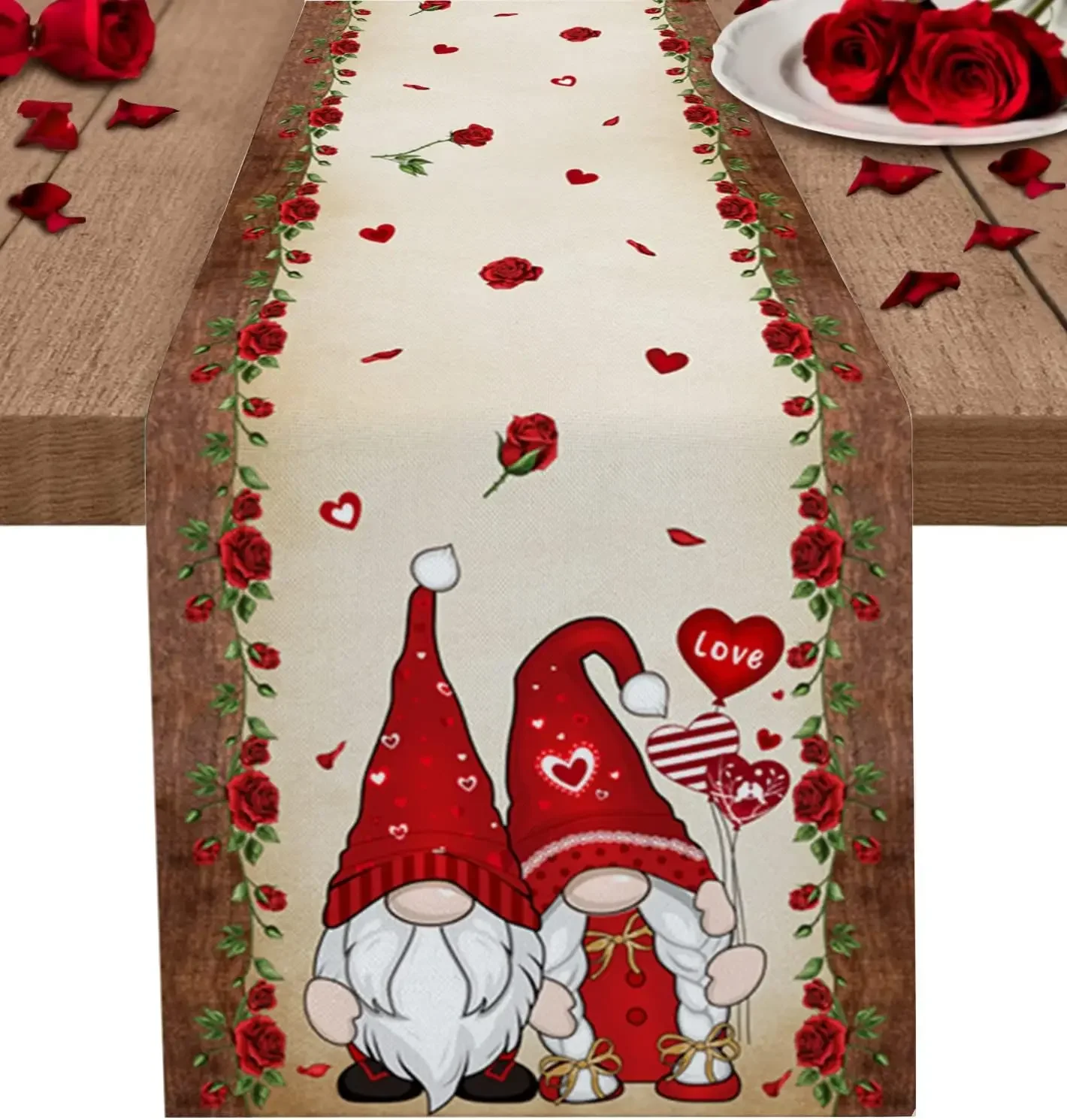 Valentine's Day Love Heart Roses Gnomes Linen Table Runners Party Table Decor Farmhouse Dining Table Runner Wedding Decoration