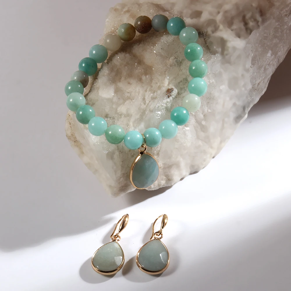 New Fashion Women Jewelry Set 8mm Natural Semi-precious Stone Beaded Elastic Bracelet Stone Drop Charm Earring Anniversary Gift
