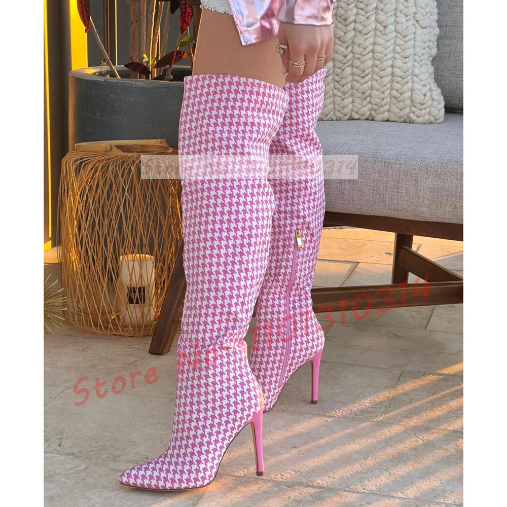 Pink Plaid High Heels Boots Women Trendy Pointy Toe Side-zip Knee High Boots Spring Streetwear 2023 Ladies Fashion Gingham Shoes