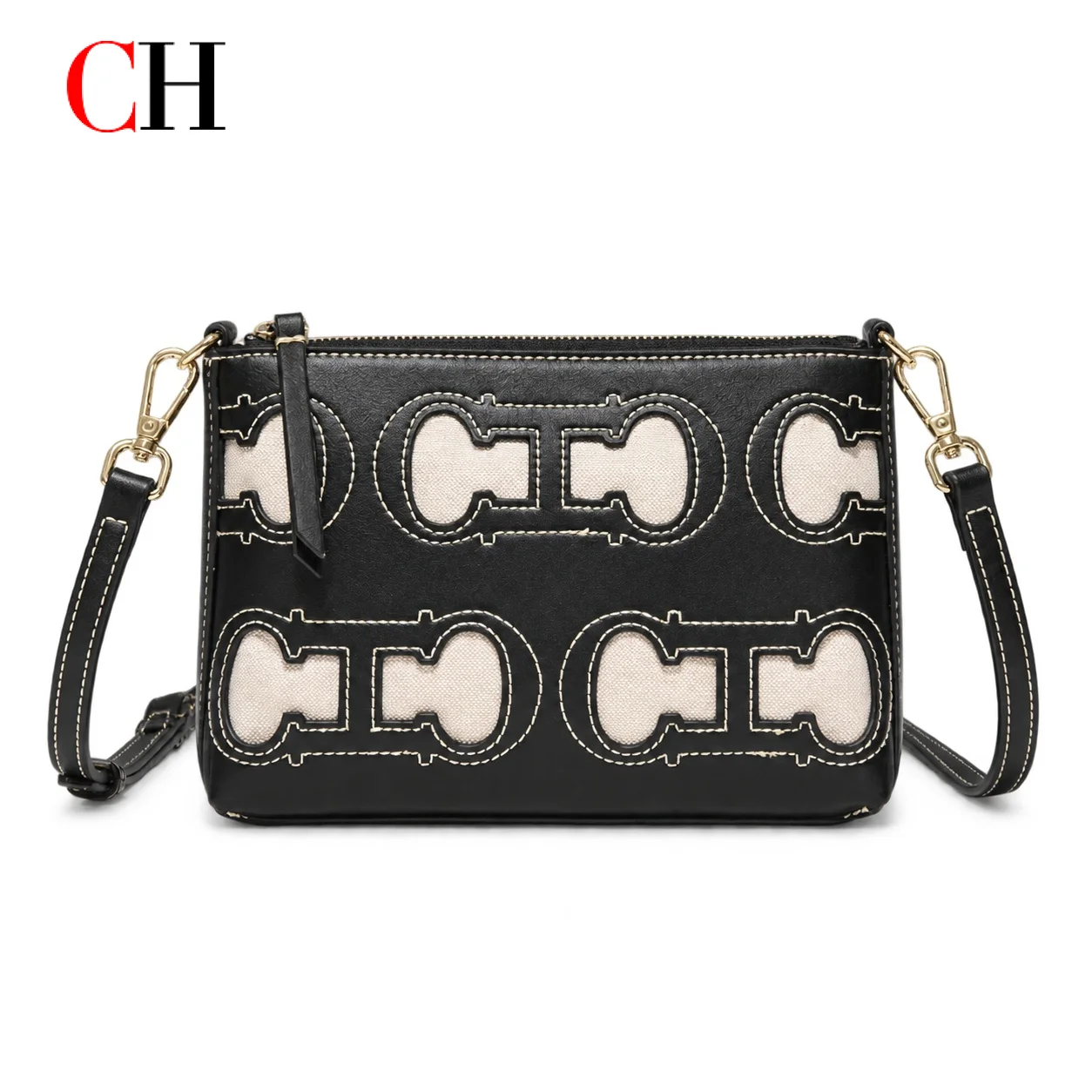 CH Women Black Crossbody Bag PU Leather Shoulder Bag Vintage Pattern Design Mini Messenger Handbag Fashion Ladies Daily Purse