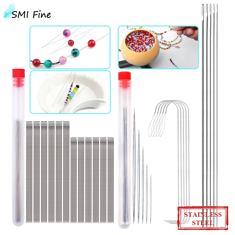 SMI Stainless Steel Beading Needles 4 Styles Jewelry Making Needle Threaders Set Long Straight Big Eye Beading Tools for Jewelry