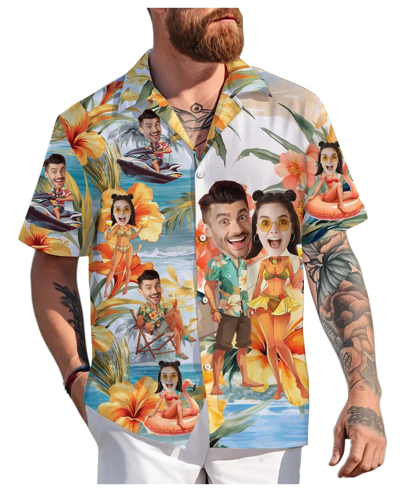 

Funny Custom Face Couple Hawaiian Shirt Summer Fashion Short Sleeve Personalized 3D Printed Shirt Loose Breathable Unisex Blouse
