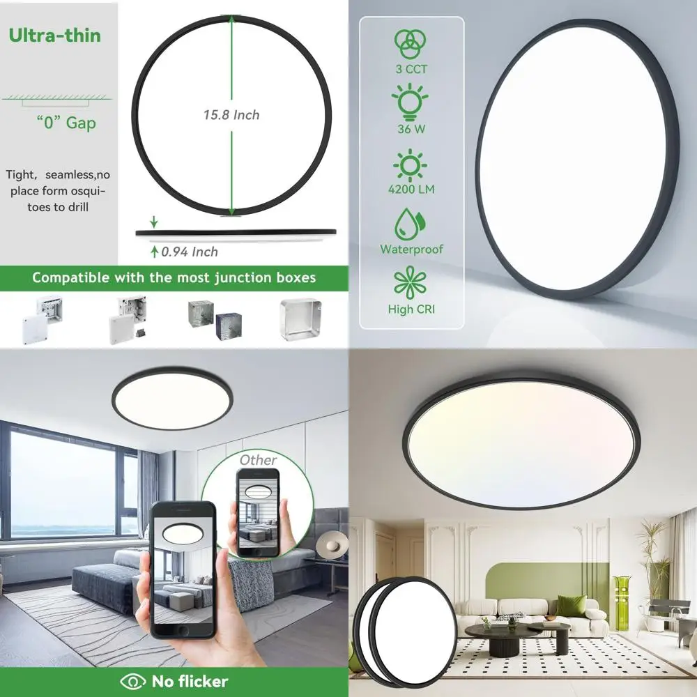 

Потолочный светодиодный светильник с регулировкой яркости 15.8, 3000/4500/6000K, 36 Вт, 4200 лм, яркий, подходит для спальни, кухни, ванной комнаты