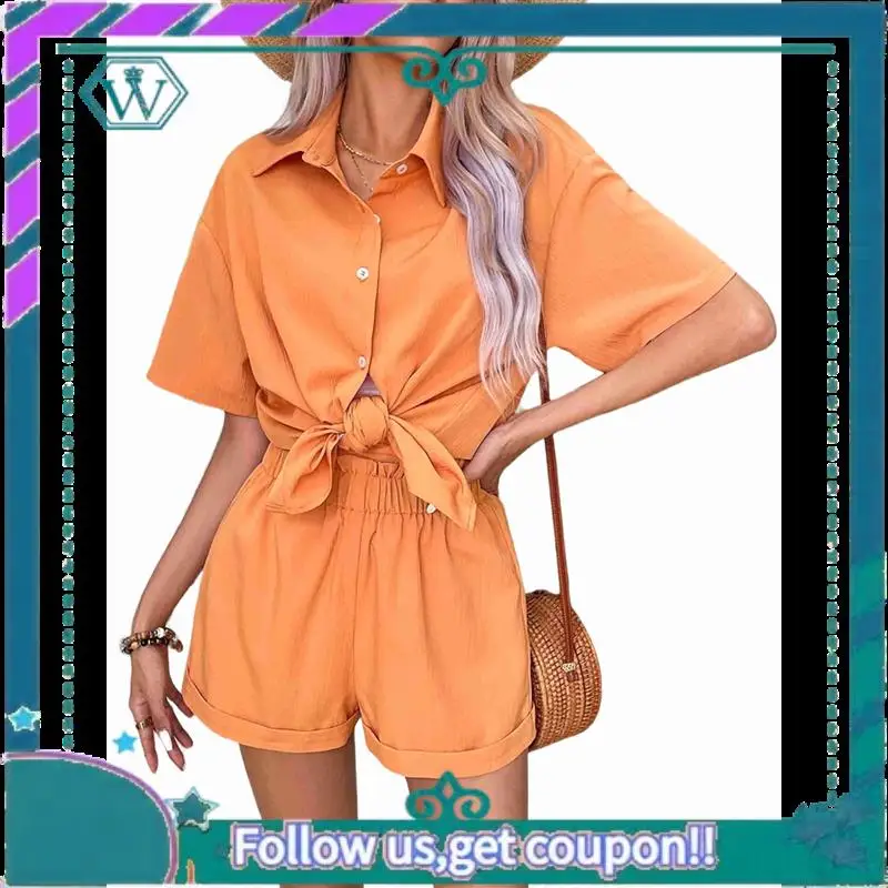 A09P APAFES Set corto estivo da donna in cotone e lino Pantaloncini da 2 pezzi Top Lounge Vacanza al mare Abiti da due pezzi Tute