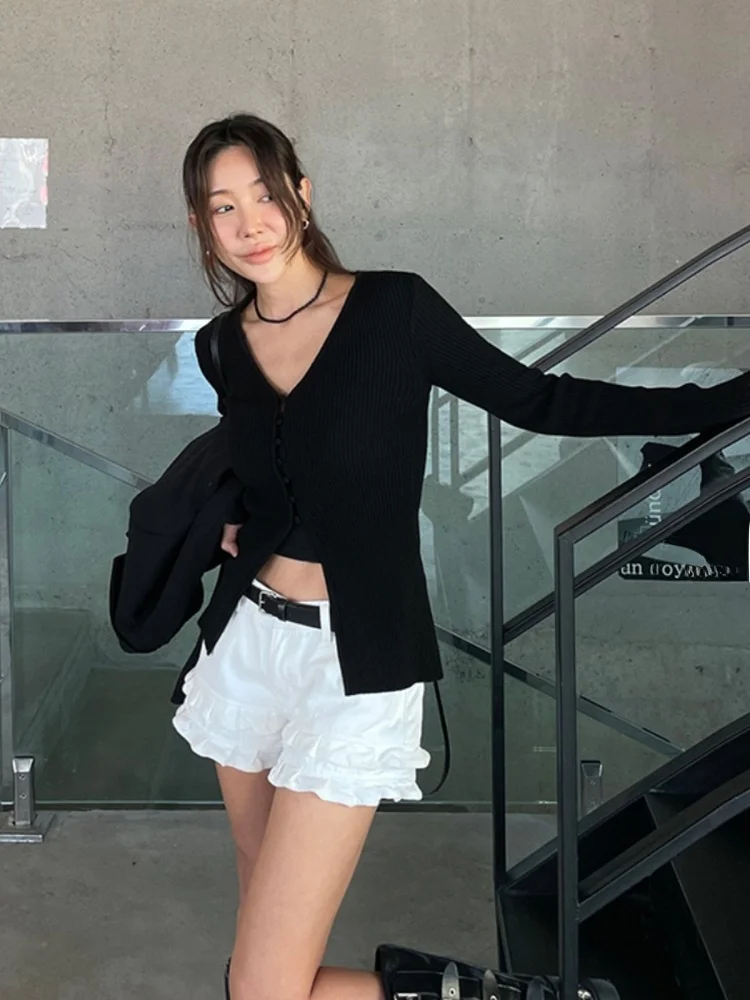 2022 Spring Faion Damen Bla gestricktes V-Ne-Cardigan-Oberteil zum Abnehmen mit Rüschen, zweiteiliges Set Ele Sle