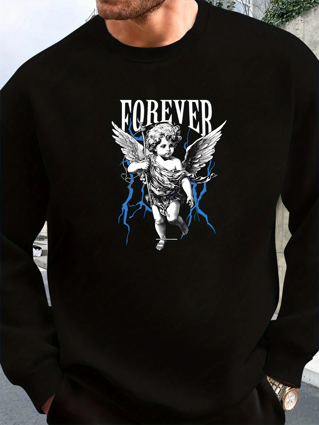 

Мужская повседневная толстовка с графическим принтом — дизайн Купидона и молнии, свободная посадка, круглый вырез, длинный рукав, бежевый, с синими акцентами