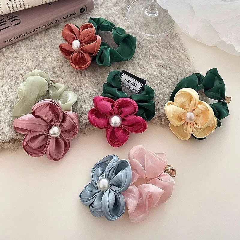 

Pearl flower hair tie solid color fabric, Korean luxury sense and versatile headband hair accessories