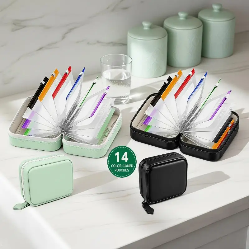 1 Set A8 Waterproof Pill Pouch Kit with 7 Color-Coded Pouches Writable Labels for Travel Daily Medicine Organization