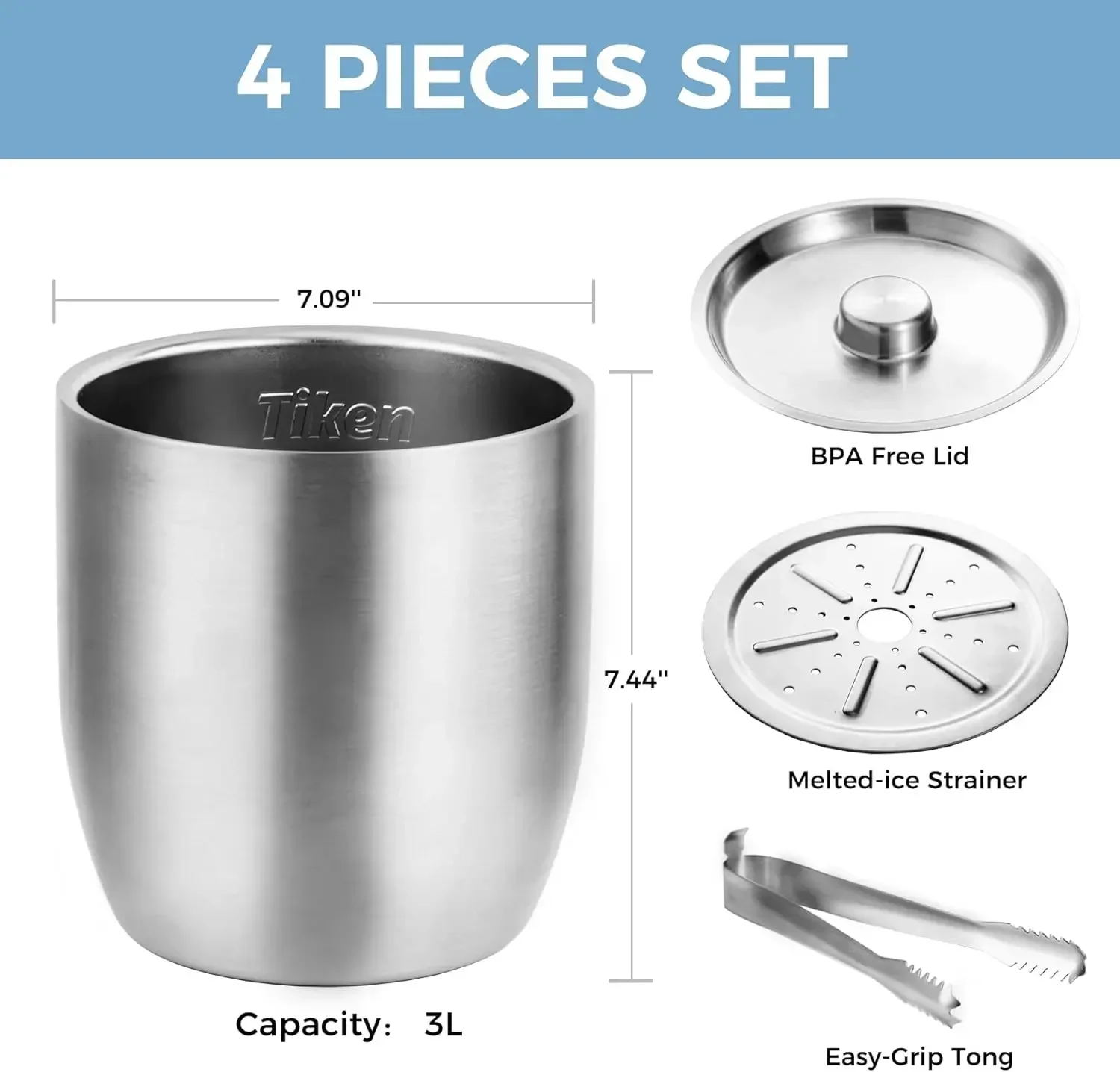 3L Double-Wall Vacuum Insulated Ice Bucket with Lid & Tong Stainless Steel Champagne Buckets for Cocktail Bar, Parties & Outdoor