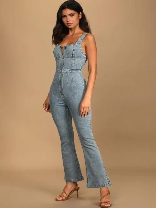 

Sexy Bell Bot Overalls High Waist Denim Crop Top And Bot Set Faionable Individual Sle Perfect for Autumn