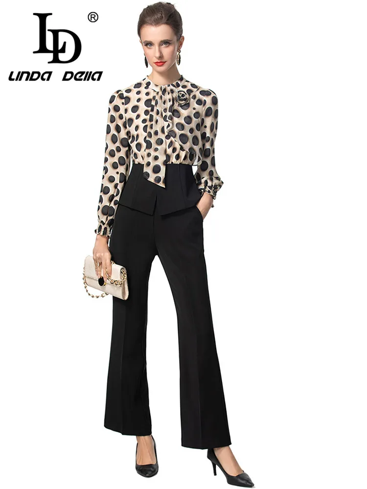 

LD LINDA DELLA Women's Commuter Suit Scarf Collar Appliques Dot print Tops+Black Wide leg pants Autumn and Winter 2 piece set