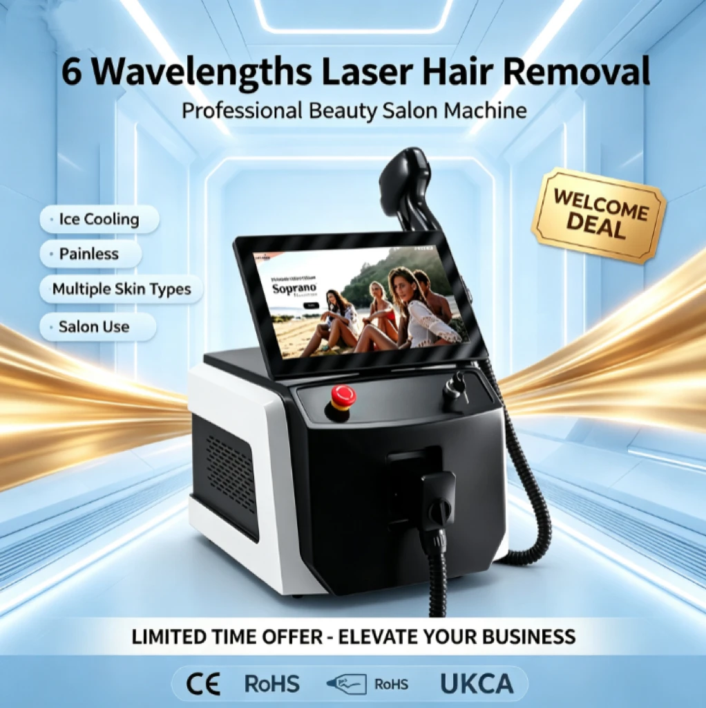 Mecavie 10 Bars 6000W Diode Laser Hair Removal Machine 6 Wavelengths FAC Fast Axis Collimation Freezing Point Painless Permanent