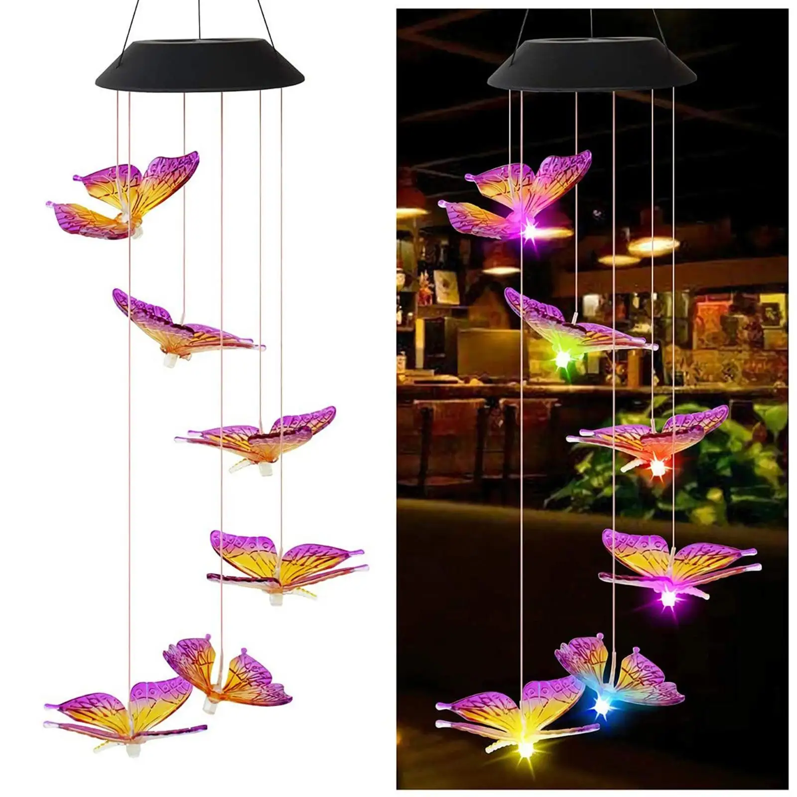 Solar Powered Butterfly Chime, LED de mudança de cor Hanging Wind Chime, Exterior e Interior, Jardinagem Quintal