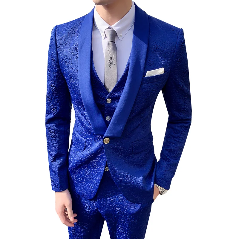 Luxury Blue Suits For Men Black Red White Rose Print Wedding Suits For Men Tuxedo Smoking Homme Mariage Costume 3 Piece Homme