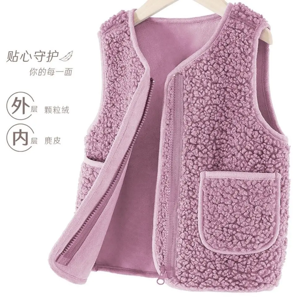 New Spring Autumn Winter Children V-Neck Vest Lamb Cashmere Boys Girls Vest Warm Clothes With Pockets Outfits