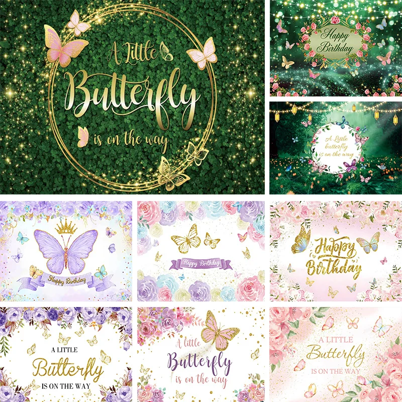 

Greenery Butterfly Backdrop Birthday Party Decoration Butterflies Flowers Baby Shower Green Photo Background Newborn Photography