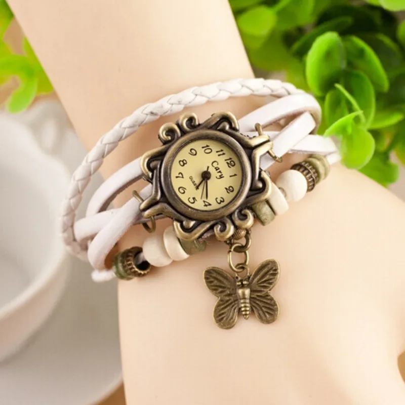 2023 Women\'s Casual Vintage Multilayer Butterfly Faux Leather Bracelet Wrist Watches Ladies Female Clock Montre Femme Relogios