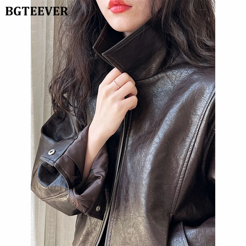 BGTEEVER Stylish Long Sleeve Zipper Up Ladies PU Leather Coats Autumn Winter Loose Pockets Classic Jackets for Women