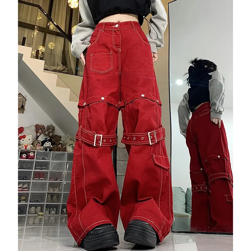

Red Gothic Patchwork Denim Jeans Button Accented High Street Loose Pants Americana Contrast Stitch High Waist Wide Leg Trousers