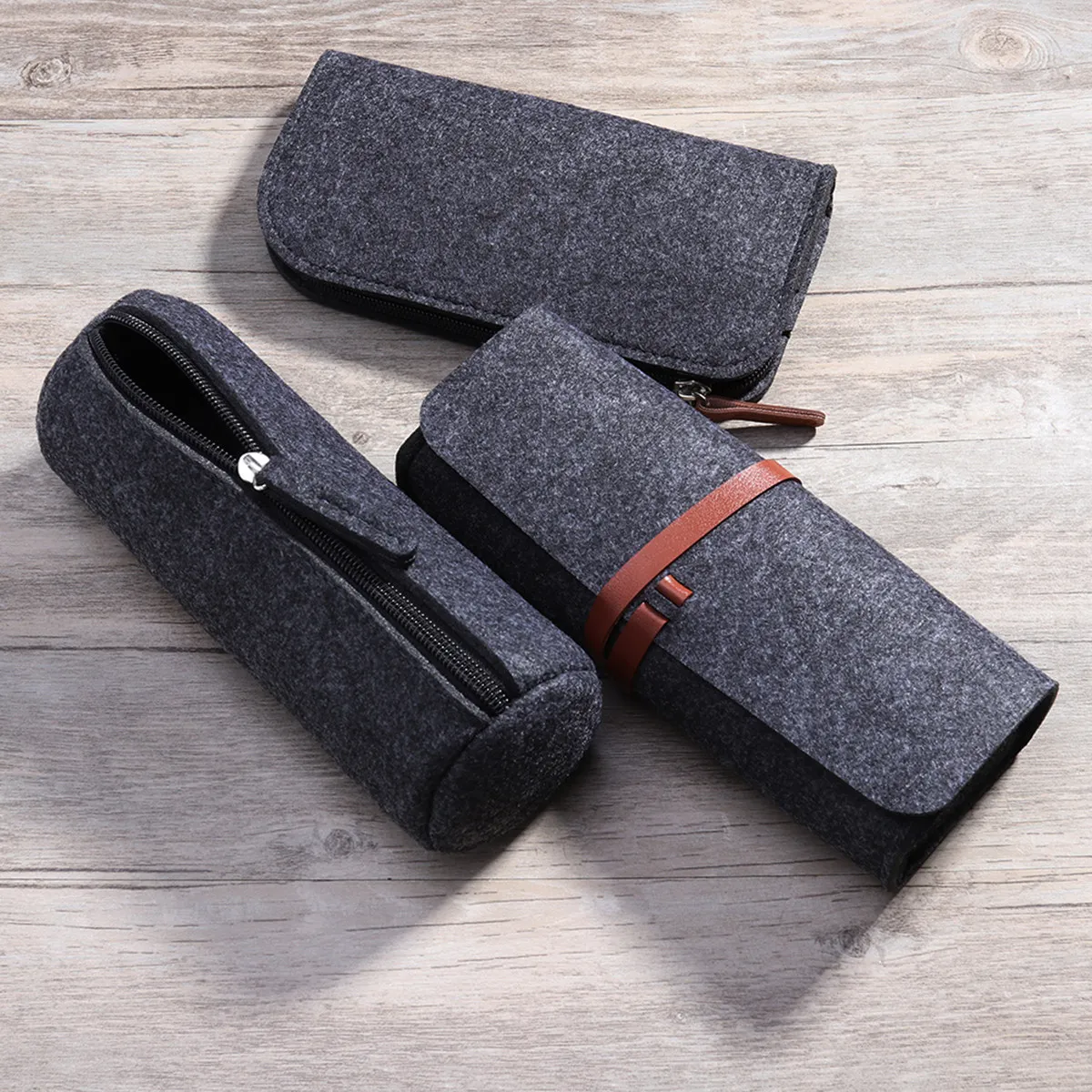 3Pcs Felt Pencil Case Set Multi Functional Pen Organizer for School Office Travel Makeup Bag Dark Grey