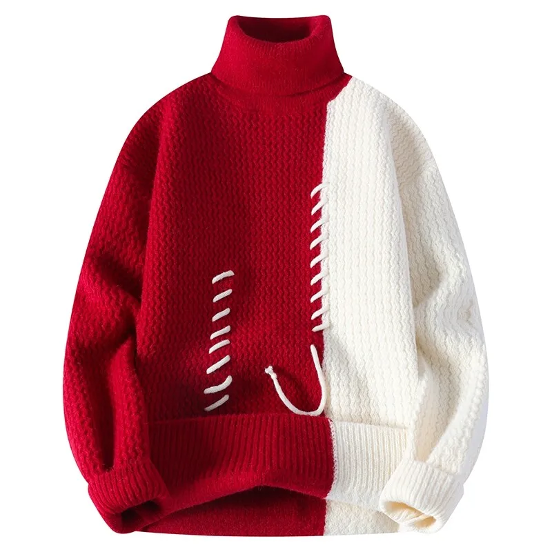 Autumn Winter Men\'s Knitted Turtleneck Sweater Fashion Patchwork Casual Knit Pullovers Men Loose Warm Pull Sweaters Streetwear