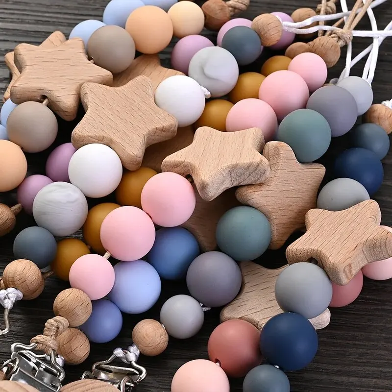 Pacifier clip teething chain — wooden pentagram clip with silicone round beads, teether & baby shower gift 2