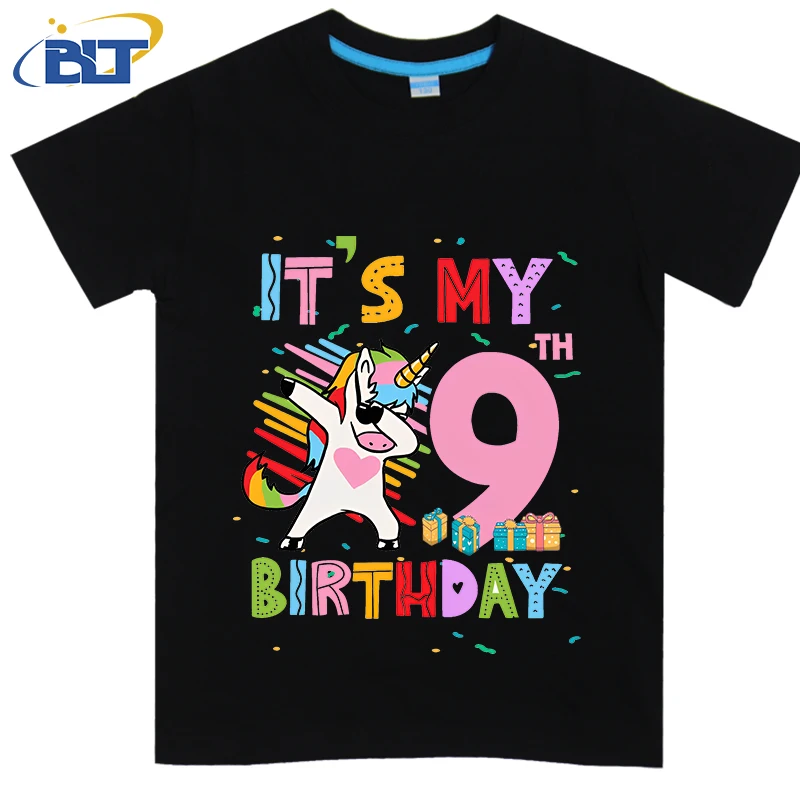 9Th Birthday Cute Unicorn printed kids T-shirt, summer cotton short-sleeved casual top, suitable for both boys and girls