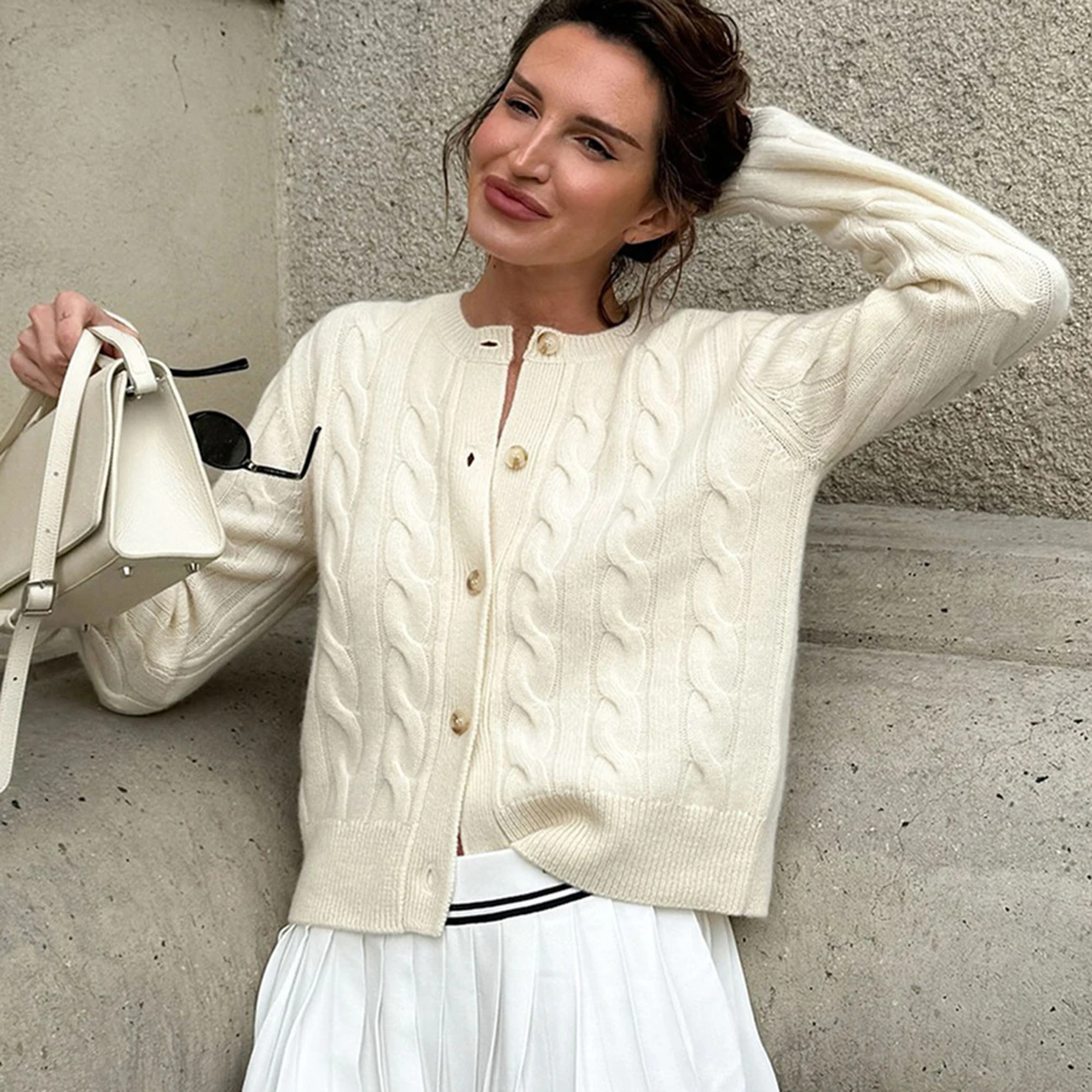 

WXOY Women Knit Sweater Autumn Winter Fashion Knitted Coat Twisted Flower Knitting Crewneck Cardigan Long Sleeve Beige Flat