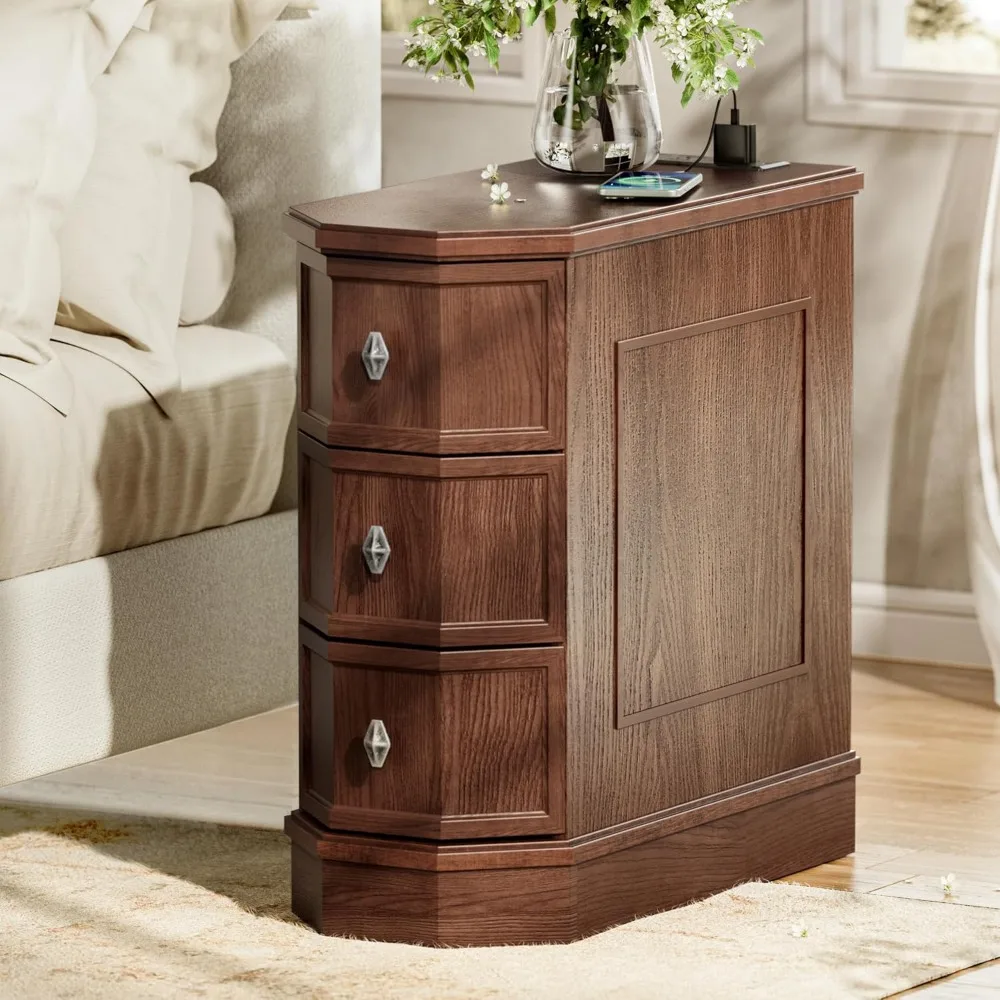 

nightstand with charging station, vintage wood end table with 3 drawer, victoria narrow side table, slim bedside tables for bedr