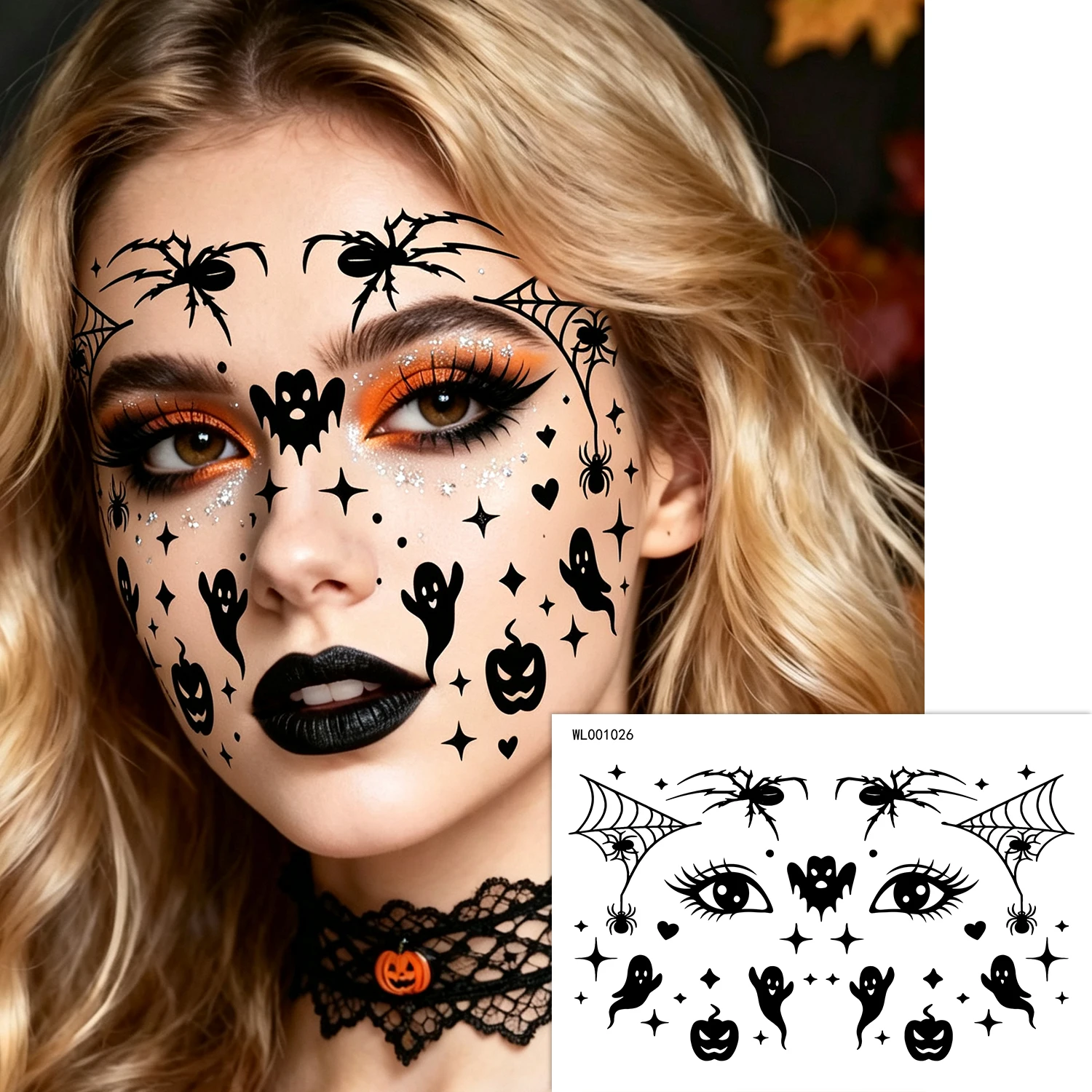 12 Stück Gruselige Halloween-Gesichtstattoos Spinnennetz Fledermaus Skelett Aufkleber Wasserdicht Glitzer Temporäres Tattoo Halloween Cosplay Party * – Detail 3