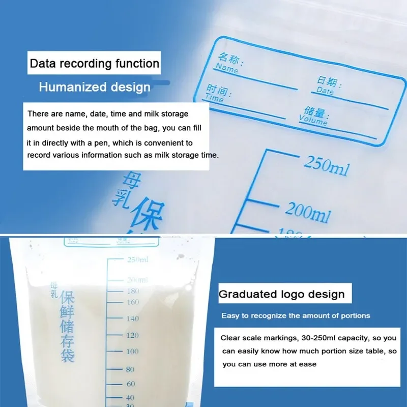 Muttermilch-Aufbewahrungsbeutel mit 250 ml selbststehenden Aufbewahrungsbehältern für Babynahrung, kein Auslaufen, Milch-Gefrierbeutel, sicheres Futter, BPA-frei, 30 Stück – Detail 3