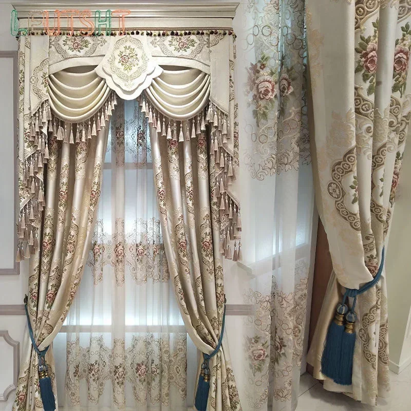 

Luxury Curtains for Living Dining Room Bedroom Beige European 4D Embossed Embroidered Curtains High Shading Window Valance