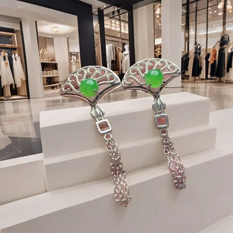 

Jadeite pure natural high ice emperor green inlaid earrings loose stone new Chinese light luxury new versatile for your own use