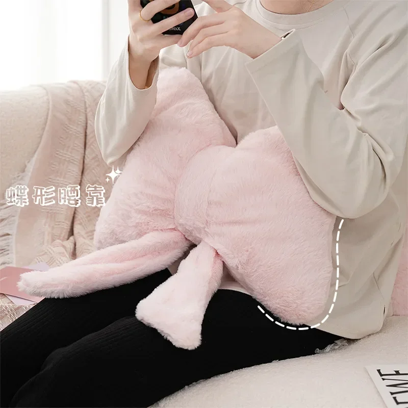 Pink Bow Ribbon Couch Pillow Imitation Rabbit Fur Comfortable Car Seat Cushion Ins Style Simple All-Match Back Cushion