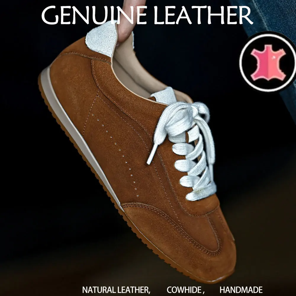

Genuine Leather Brown Suede Flat Loafers Shoes Woman Lace Up Leisure Wome Shoes Autumn Casual Comfort Vacation Lovers Shoes