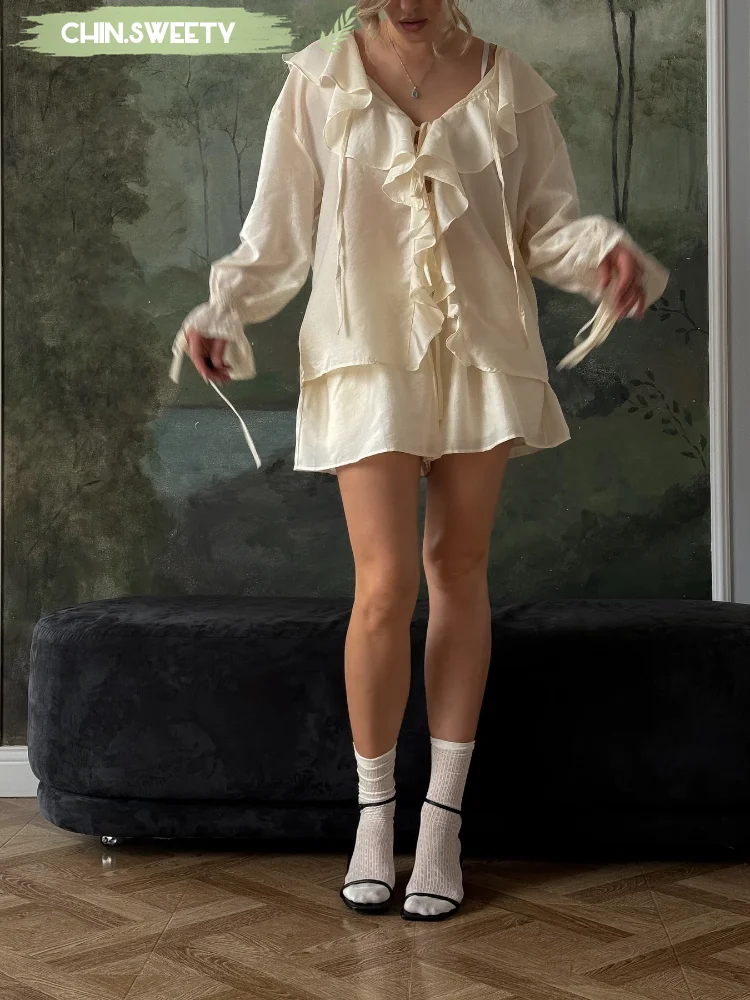 

Elegant Solid Ruffles Lace-up Shirt Shorts Set Women Casual Loose Lantern Sleeve Tops 2 Piece Suit 2025 Lady Vocation Streetwear