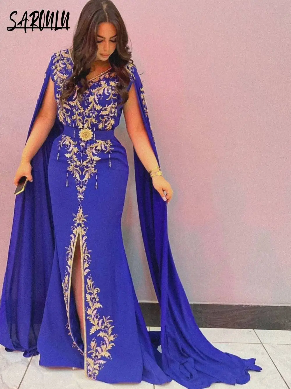

Algerian Mermaid Evening Dress Kaftan Caftan V Neck Sequins Prom Gown Women Elegant Appliques With Cape For Gala Customized
