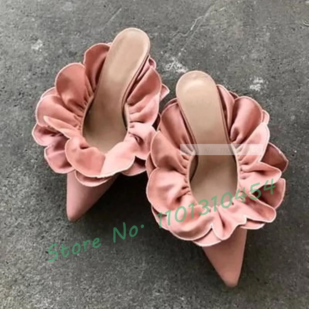 Green Ruffles Low Heels Mules Women Sweet Flower Wrap Design Pointy Gorgeous Shoes Summer Ladies Luxury Leopard Sexy Slippers