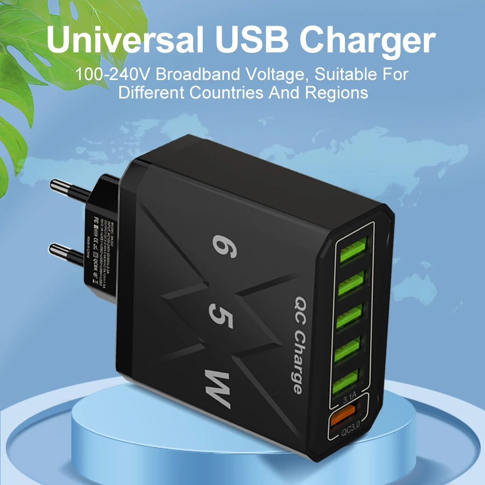 Cargador USB de 6 puertos de carga rápida, adaptador de teléfono móvil para iPhone 14, Samsung, Xiaomi, enchufe de la UE, KR, EE. UU., Reino Unido,