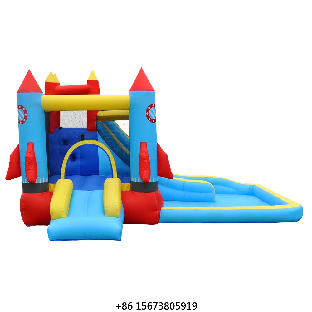 Highly Safe Durable and Easy-to-Store Inflatable Castle with Rocket Trampoline Slides Pool Shape for Children's Play