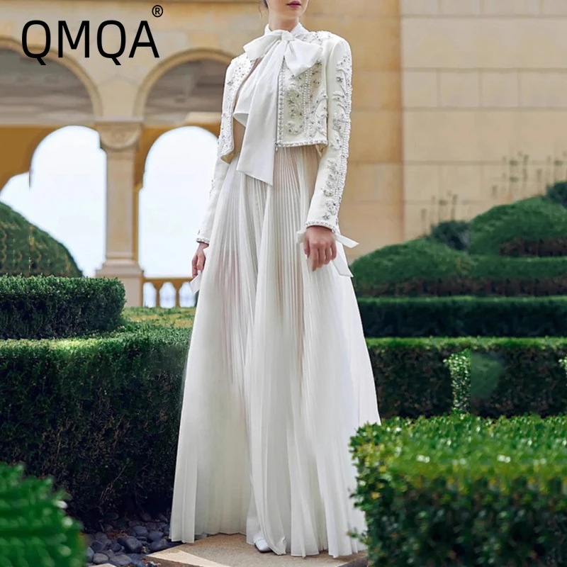 QMQA Fashion Women's Elegant 2 Piece Set O Neck Full  Sleeve Short Coat Scarf Collar Sleeveless High Waist Pleated Dress QM101