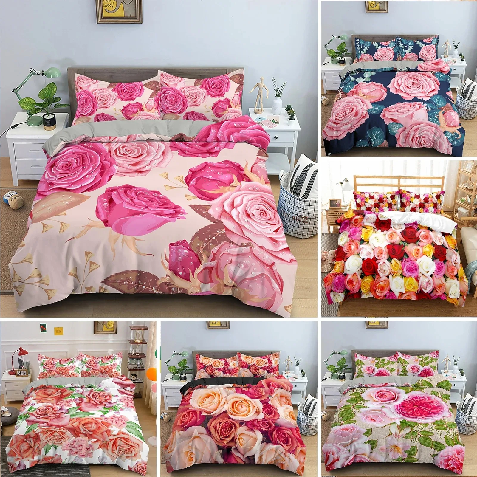 

3D Rose Flower Duvet Cover Queen King Double Bedding Set 3pcs Quilt Cover with Zipper Closure King Size Polyester Quilt Cover