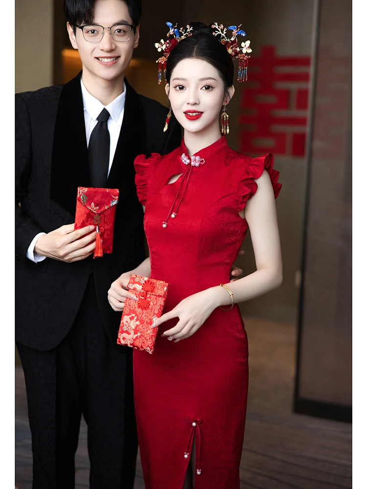 

Red Evening Gown Wedding Dr for Women New Chinese Sle Morning Robe Summer Dr Wedding Ceremony Dr Fem New Bride