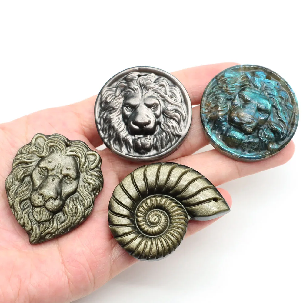 Naturstein Löwenkopf-Anhänger Labradorit Obsidian Tigerauge Geschnitzter Edelstein für Schmuckherstellung DIY Halsketten-Zubehör – Detail 2