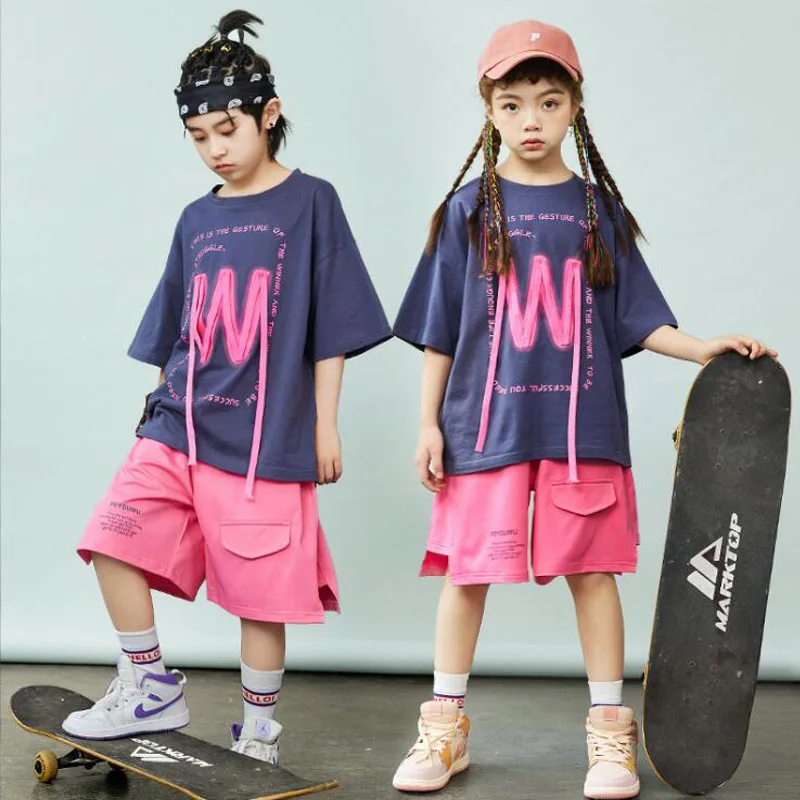 Kids Hip Hop Clothing Street Dance Graphic T Shirt Casual Pockets Cargo Jogger Pants for Girl Boy Jazz Dance Costume Clothes