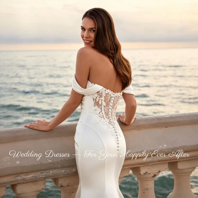 White Romantic Bridal Dress Satin Mermaid Sweetheart Off Shoulder Lace Hem Applique Vestidos De Novia Customized