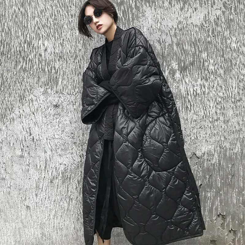 Dark Style Winter New Japanese Bound Nightgown V-neck Diamond Grid Loose Oversized Long Cotton Coat Cotton Jacket for Women